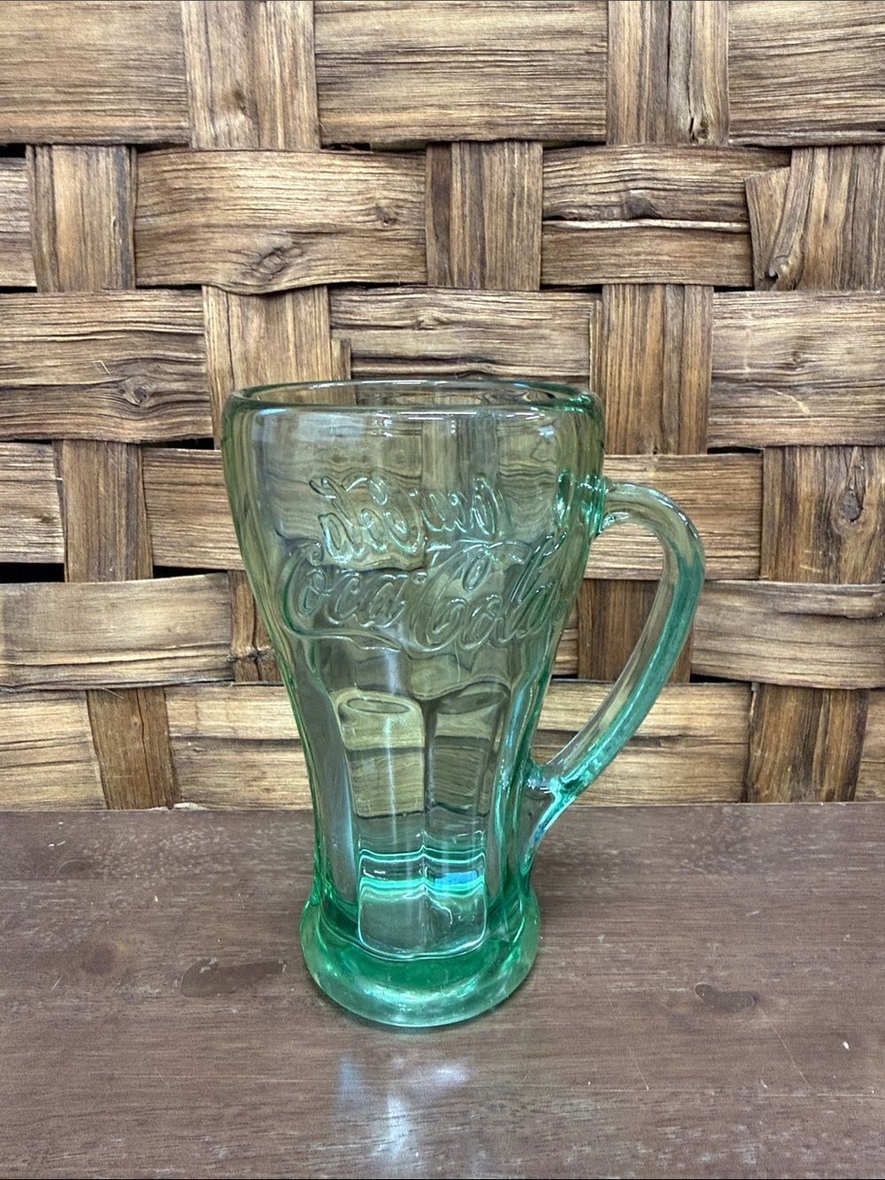 Coca Cola Translucent Green Glass Mug with Embossed Logo